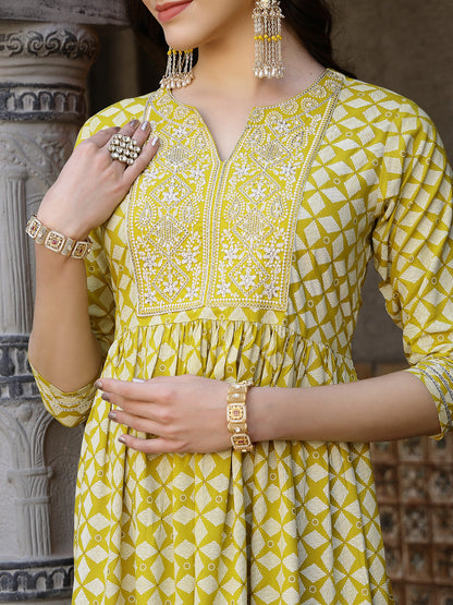 Geometric Printed & Embroidered Rayon Pleated Kurta Sharara Dupatta Set