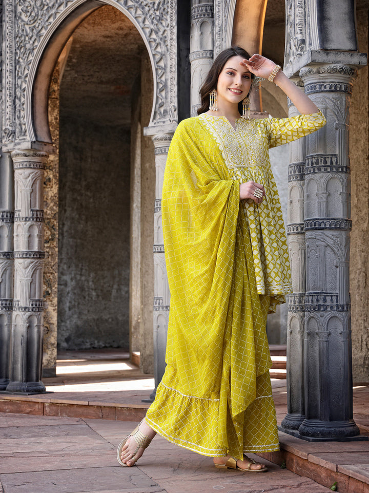 Geometric Printed &amp; Embroidered Rayon Pleated Kurta Sharara Dupatta Set