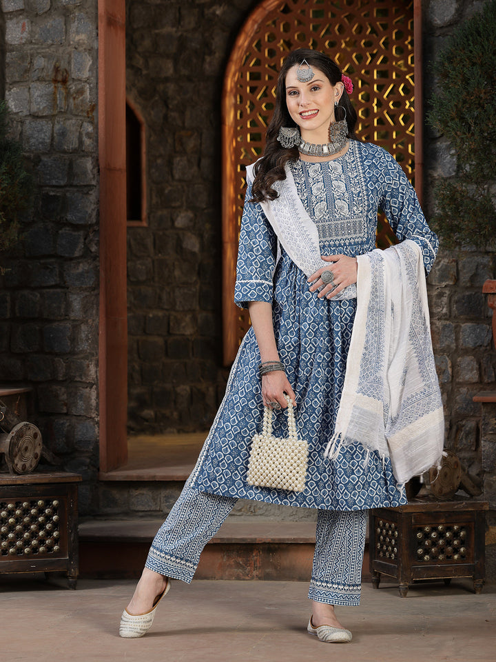 Printed &amp; Embroidered Cotton Naira Cut Kurta Pant Dupatta Set