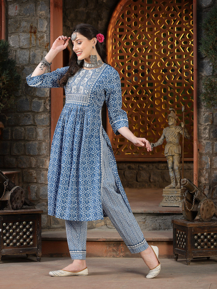 Printed &amp; Embroidered Cotton Naira Cut Kurta Pant Dupatta Set