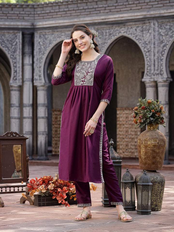 Solid &amp; Embroidered Cotton Blend Naira Cut Kurta Pant Dupatta Set