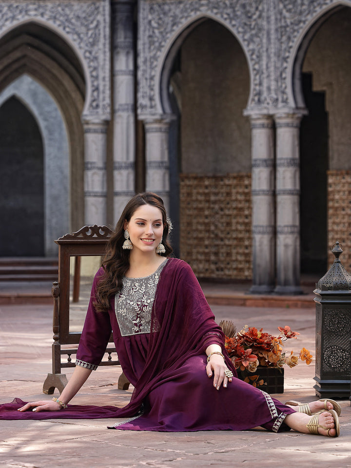 Solid &amp; Embroidered Cotton Blend Naira Cut Kurta Pant Dupatta Set