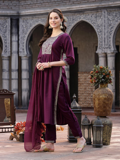 Solid & Embroidered Cotton Blend Naira Cut Kurta Pant Dupatta Set (Pre-Order)