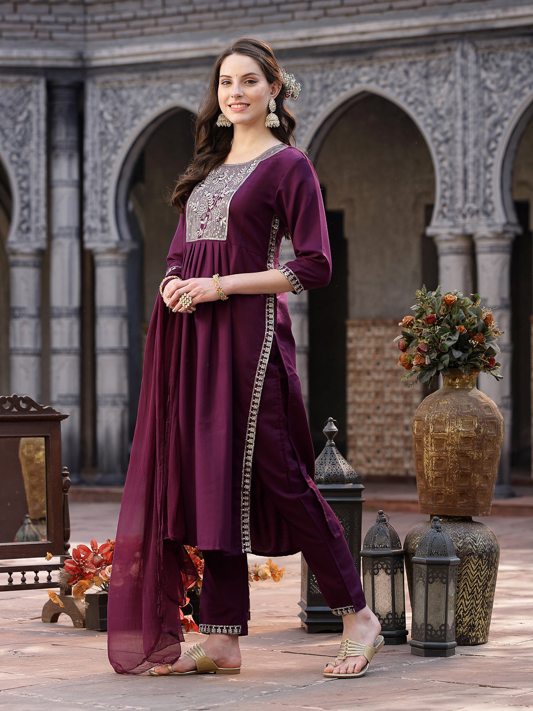 Solid &amp; Embroidered Cotton Blend Naira Cut Kurta Pant Dupatta Set