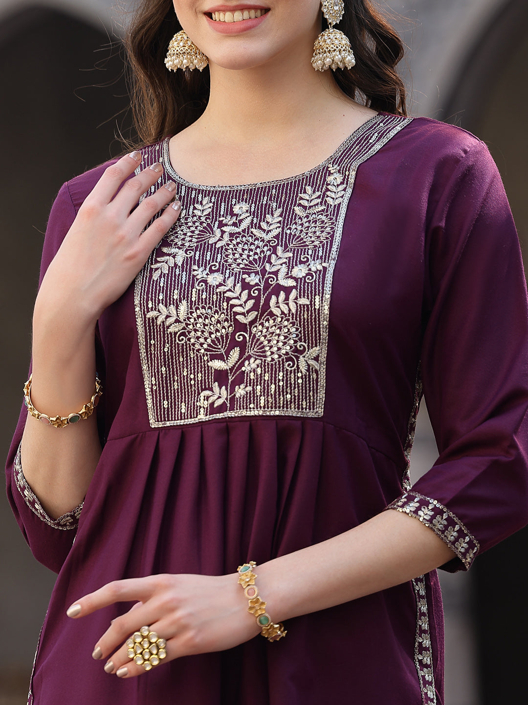 Solid &amp; Embroidered Cotton Blend Naira Cut Kurta Pant Dupatta Set