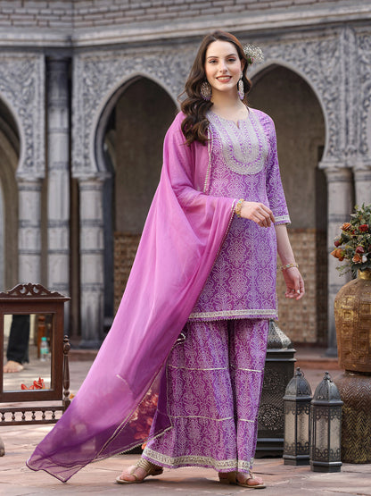 Bandhej Printed & Embroidered Rayon Short Straight Kurta Sharara Dupatta Set (Pre-Order)