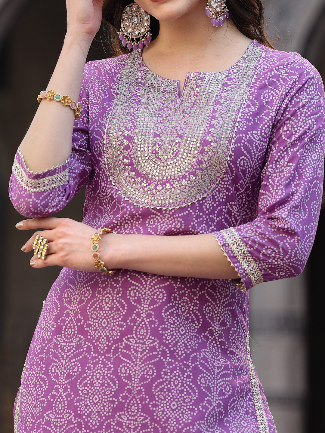 Bandhej Printed & Embroidered Rayon Short Straight Kurta Sharara Dupatta Set (Pre-Order)