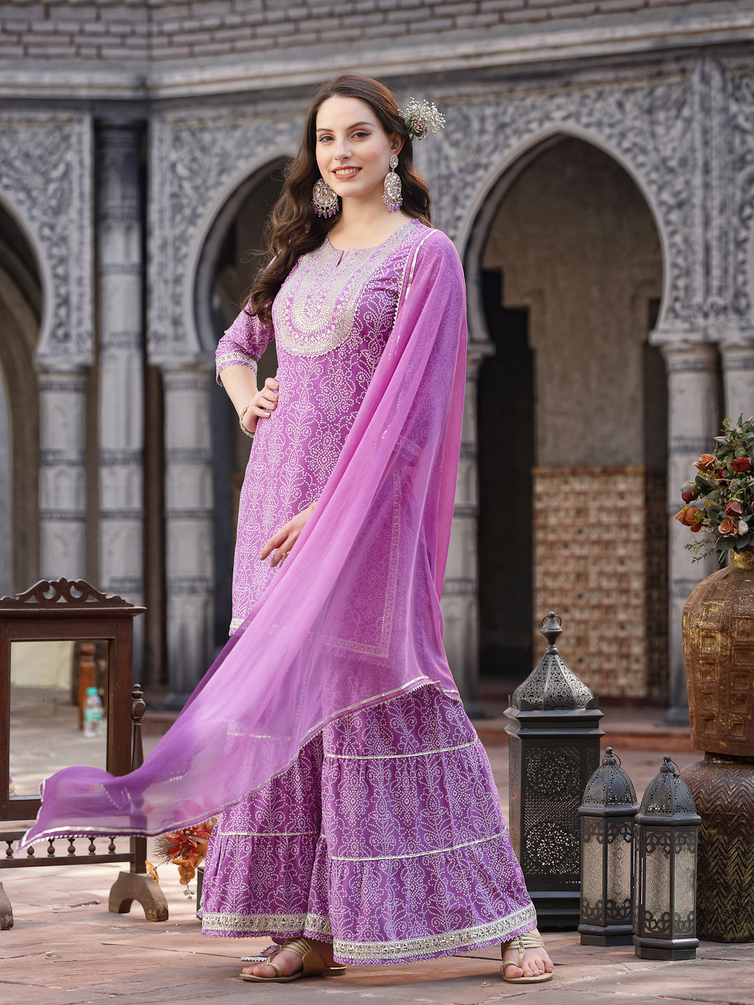 Bandhej Printed & Embroidered Rayon Short Straight Kurta Sharara Dupatta Set (Pre-Order)