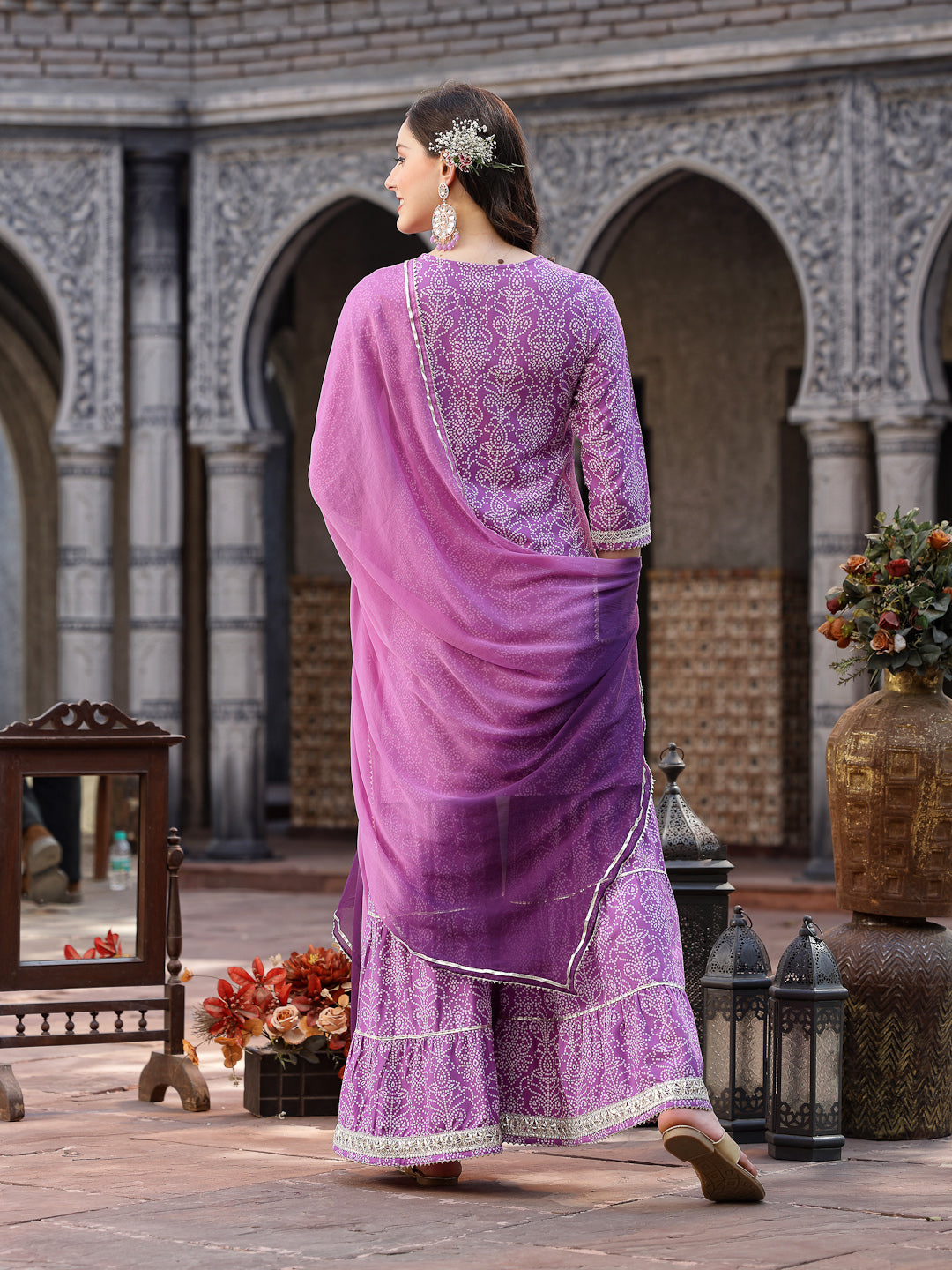 Bandhej Printed & Embroidered Rayon Short Straight Kurta Sharara Dupatta Set (Pre-Order)