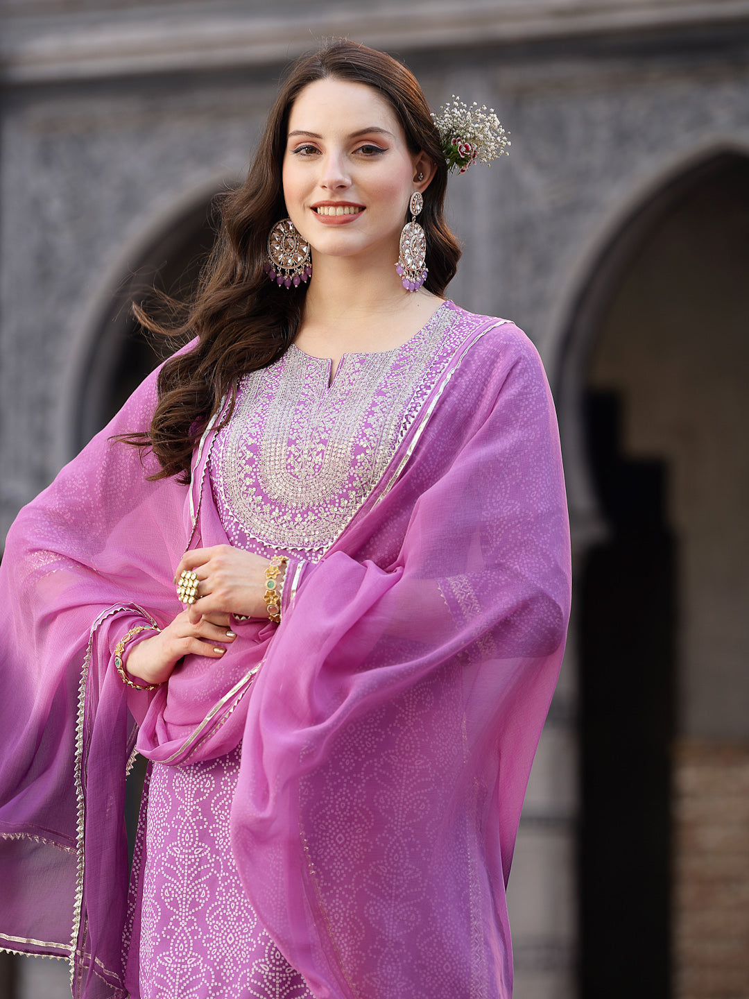 Bandhej Printed & Embroidered Rayon Short Straight Kurta Sharara Dupatta Set (Pre-Order)