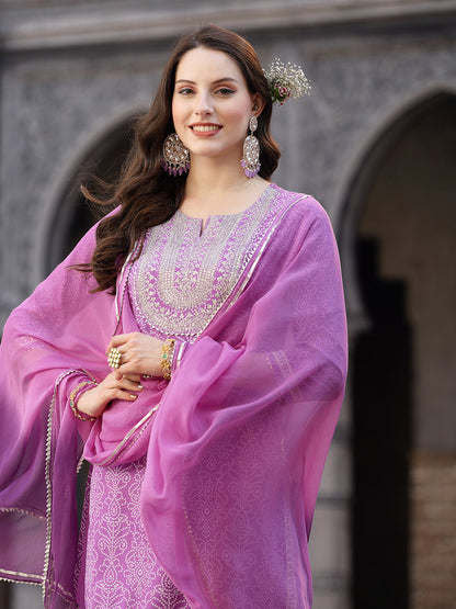 Bandhej Printed & Embroidered Rayon Short Straight Kurta Sharara Dupatta Set (Pre-Order)