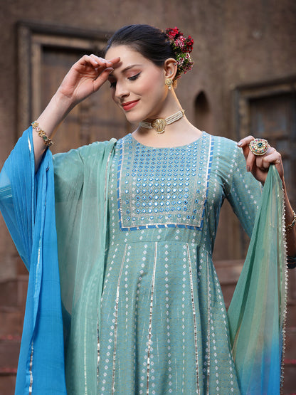 Woven Designed & Embroidered Cotton Blend Anarkali Kurta Pant Dupatta Set