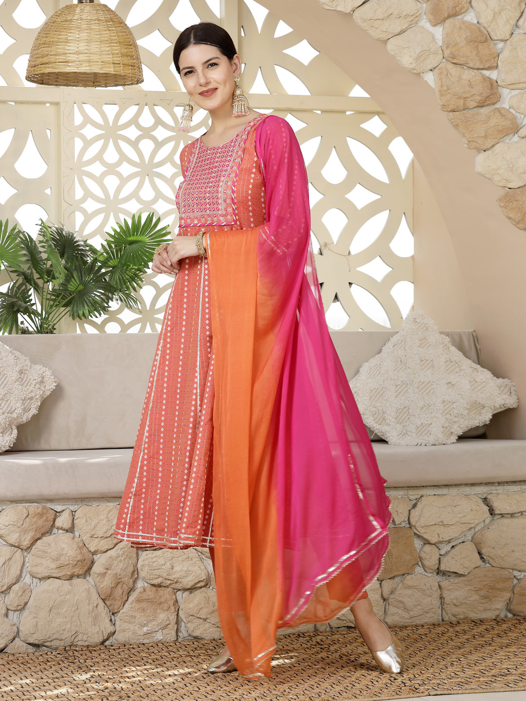 Woven Designed &amp; Embroidered Cotton Blend Anarkali Kurta Pant Dupatta Set