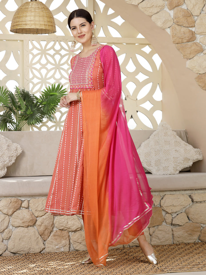 Woven Designed &amp; Embroidered Cotton Blend Anarkali Kurta Pant Dupatta Set