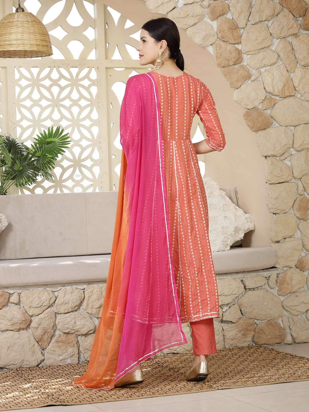 Woven Designed &amp; Embroidered Cotton Blend Anarkali Kurta Pant Dupatta Set