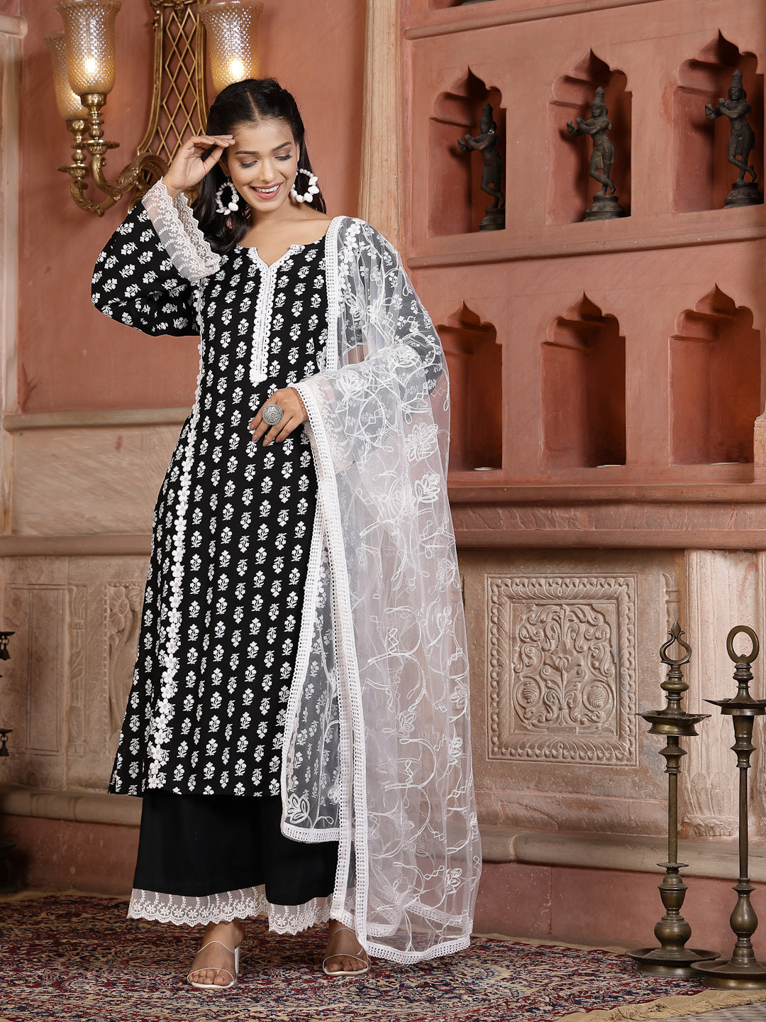 Floral Printed Rayon Straight Kurta Palazzo Dupatta Set (Pre-Order)