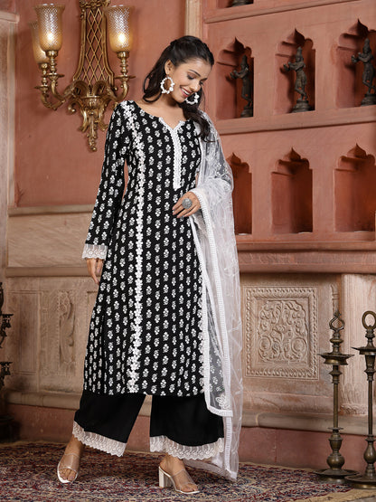 Floral Printed Rayon Straight Kurta Palazzo Dupatta Set (Pre-Order)