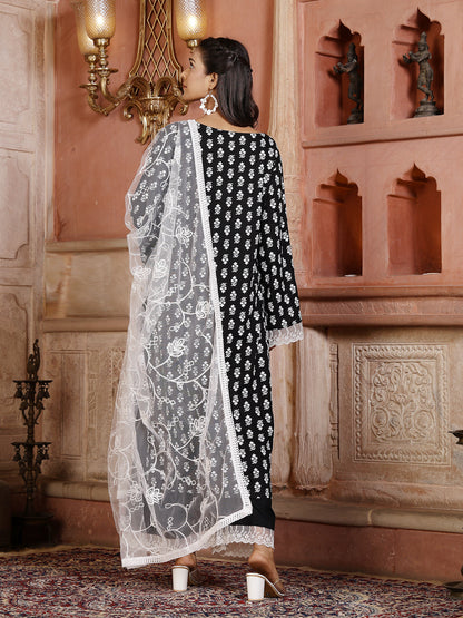 Floral Printed Rayon Straight Kurta Palazzo Dupatta Set (Pre-Order)