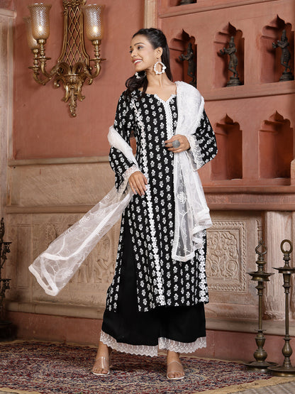 Floral Printed Rayon Straight Kurta Palazzo Dupatta Set (Pre-Order)