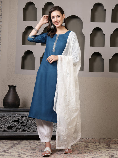 Solid Cotton Blend Straight Kurta Pant Dupatta Set (Pre-Order)