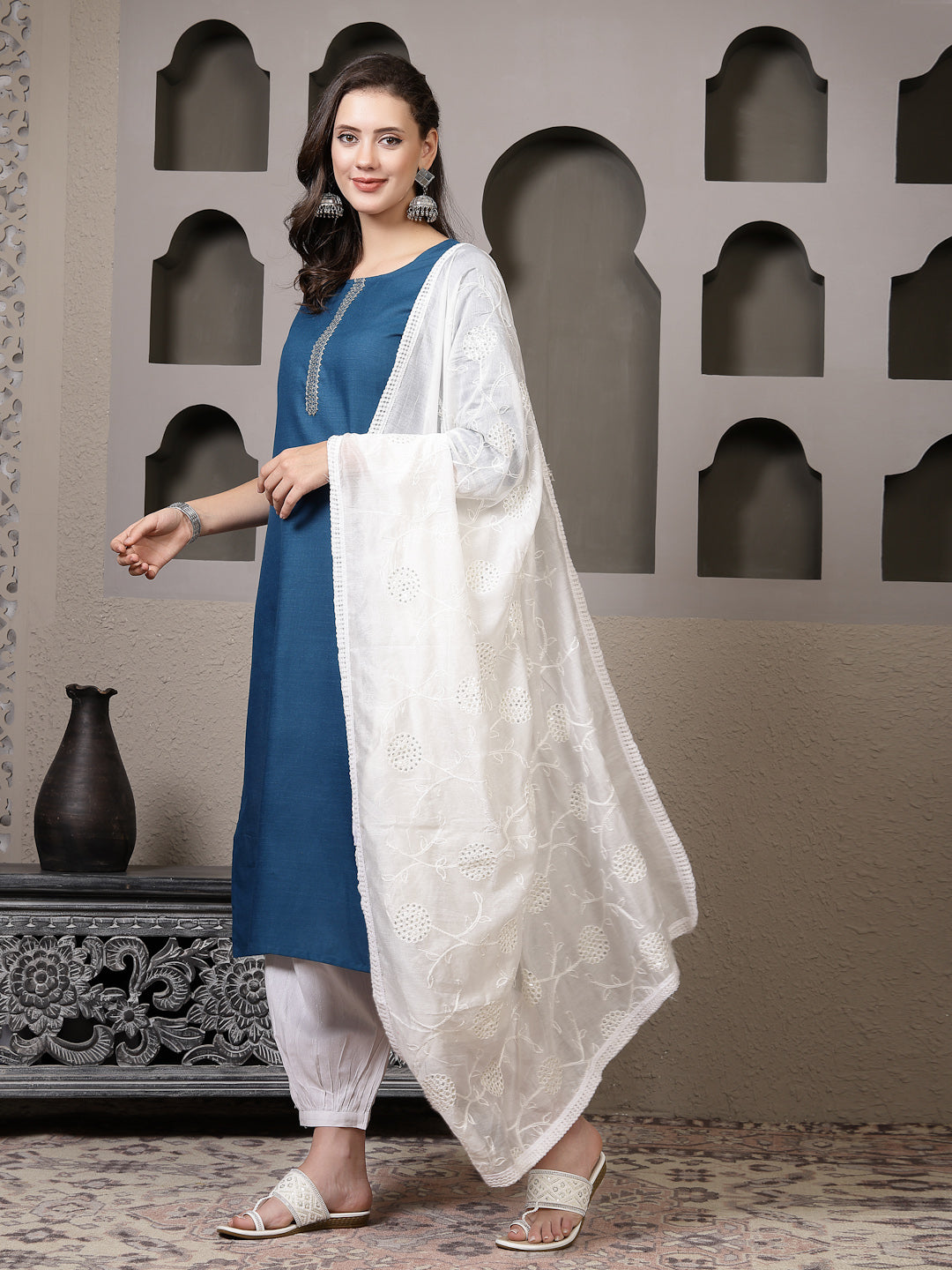 Solid Cotton Blend Straight Kurta Pant Dupatta Set (Pre-Order)