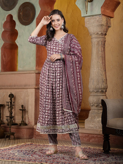 Floral Printed Cotton Blend Angrakha Kurta Pant Dupatta Set