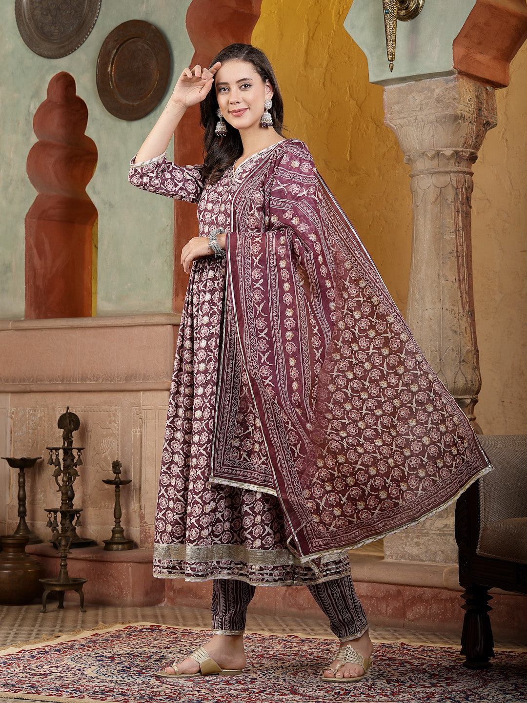 Floral Printed Cotton Blend Angrakha Kurta Pant Dupatta Set