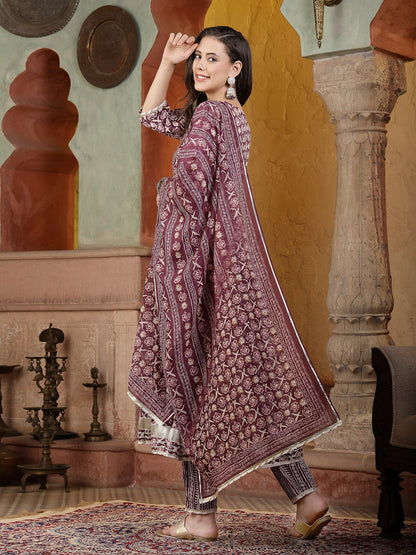 Floral Printed Cotton Blend Angrakha Kurta Pant Dupatta Set