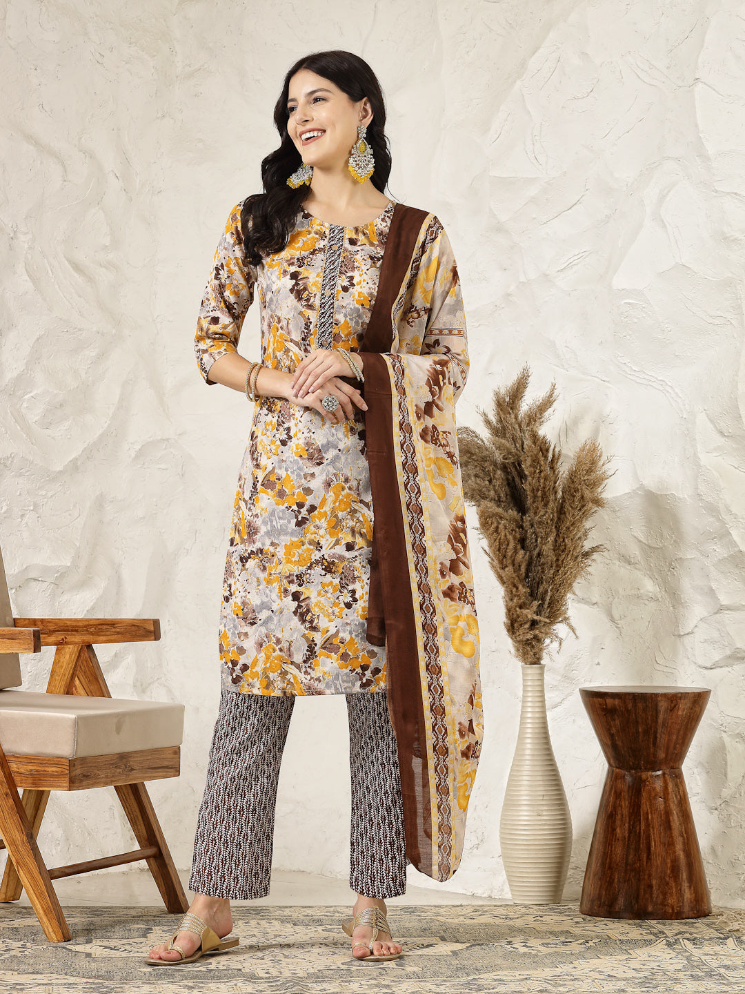 Floral Printed Cotton Blend Straight Kurta Pant Dupatta Set (Pre-Order)