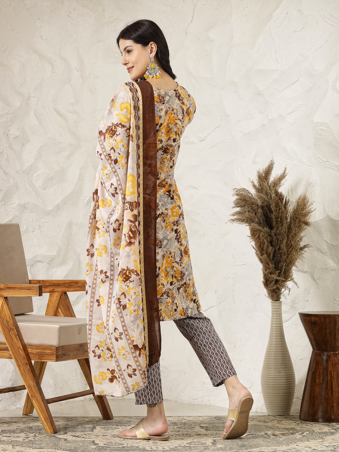 Floral Printed Cotton Blend Straight Kurta Pant Dupatta Set (Pre-Order)