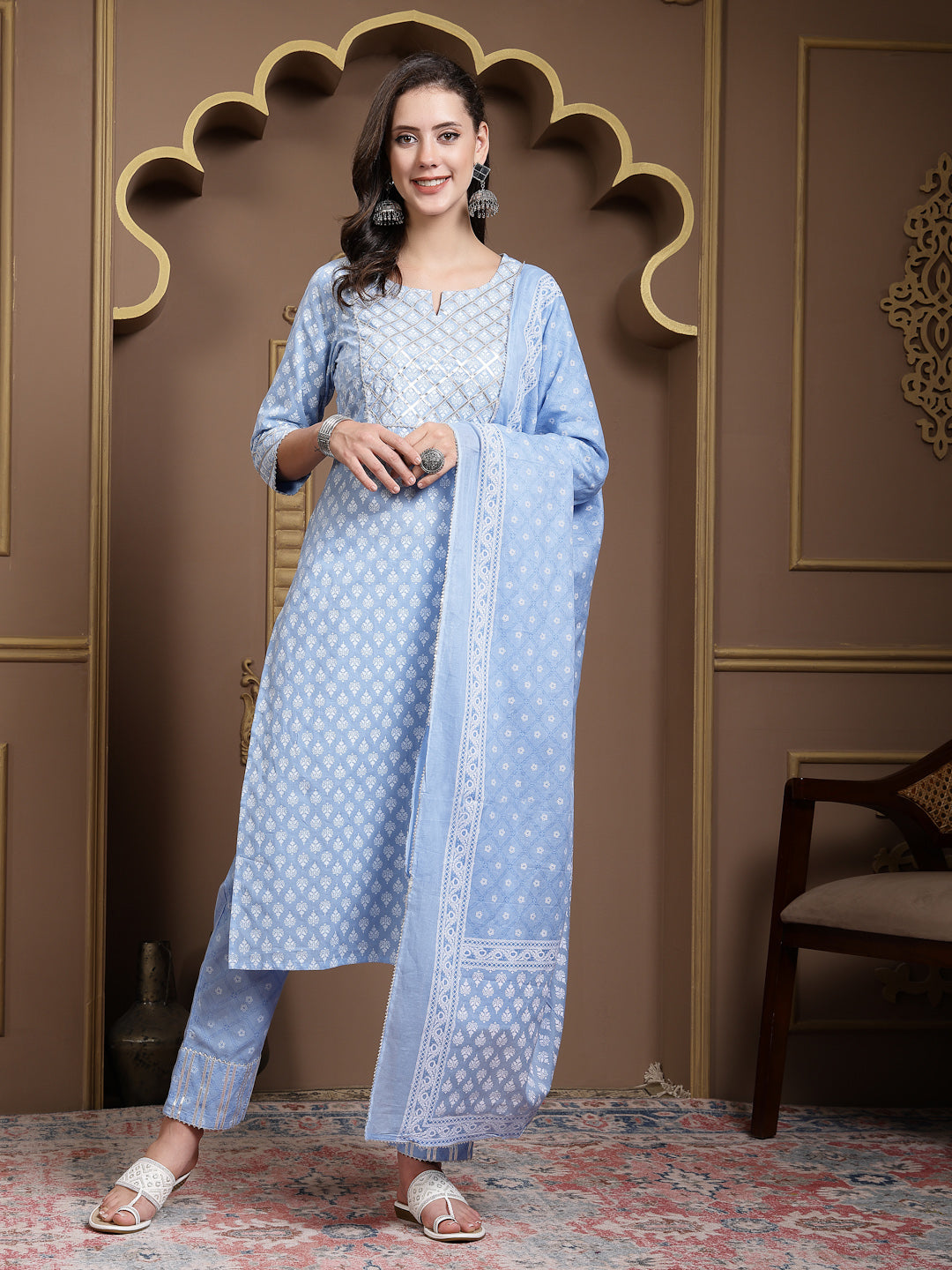Printed &amp; Embellished Cotton Straight Kurta Pant Dupatta Set
