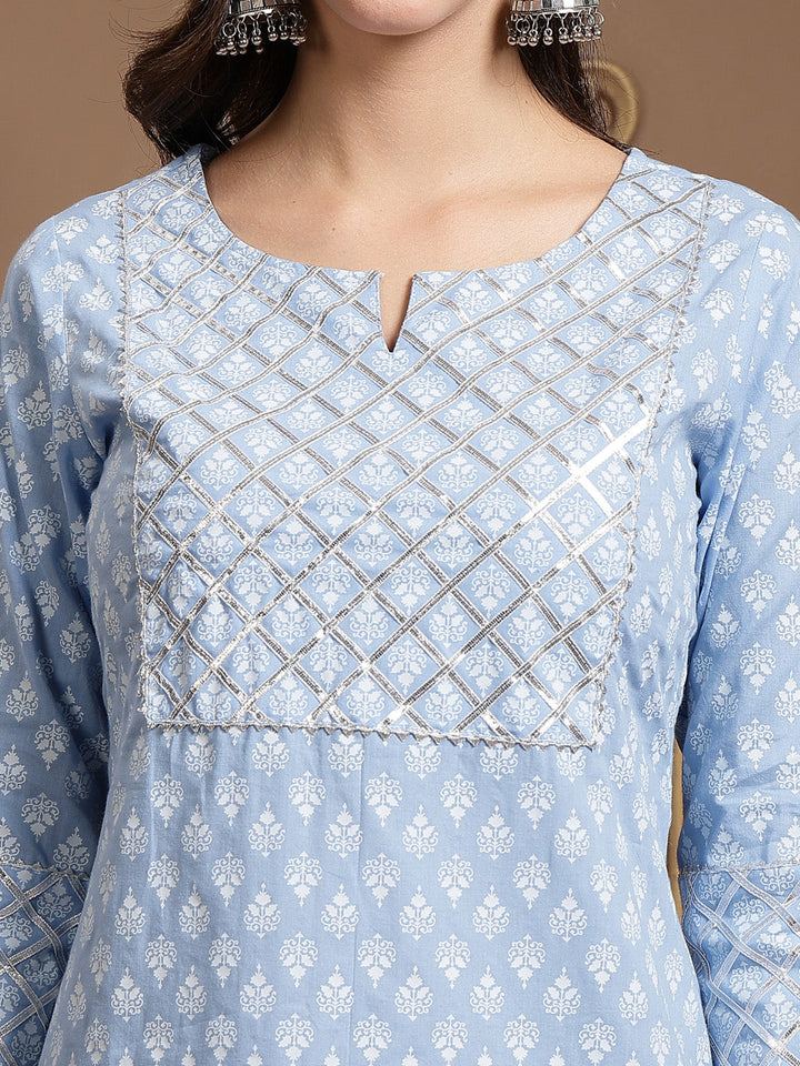 Printed &amp; Embellished Cotton Straight Kurta Pant Dupatta Set