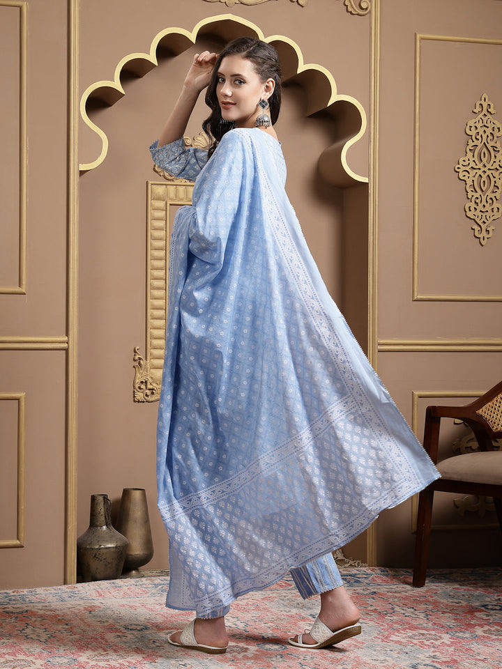Printed &amp; Embellished Cotton Straight Kurta Pant Dupatta Set