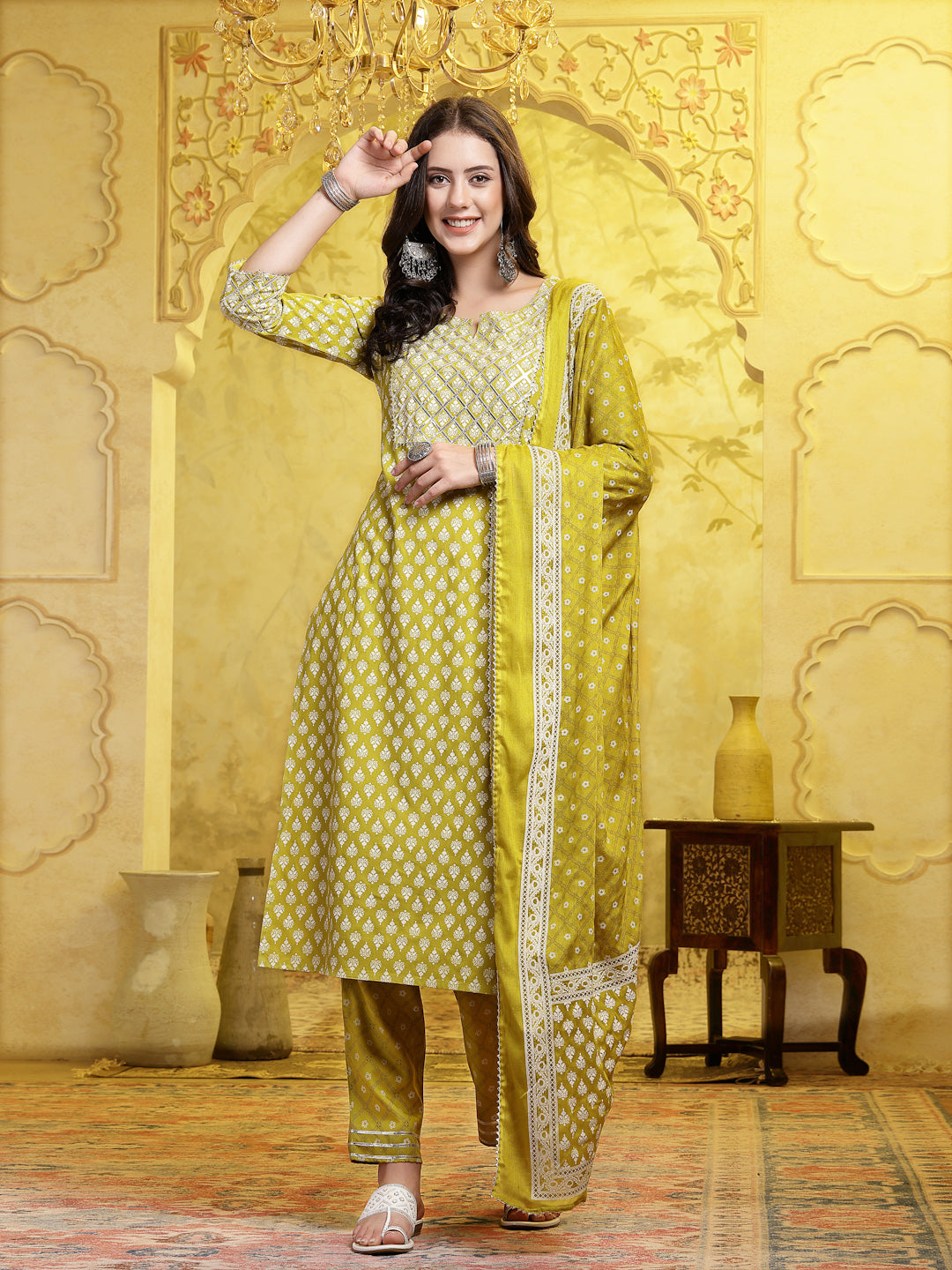 Printed &amp; Embellished Cotton Straight Kurta Pant Dupatta Set