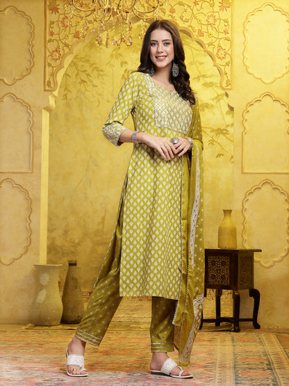 Printed & Embellished Cotton Straight Kurta Pant Dupatta Set (Pre-Order)
