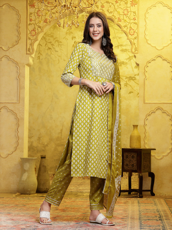 Printed &amp; Embellished Cotton Straight Kurta Pant Dupatta Set