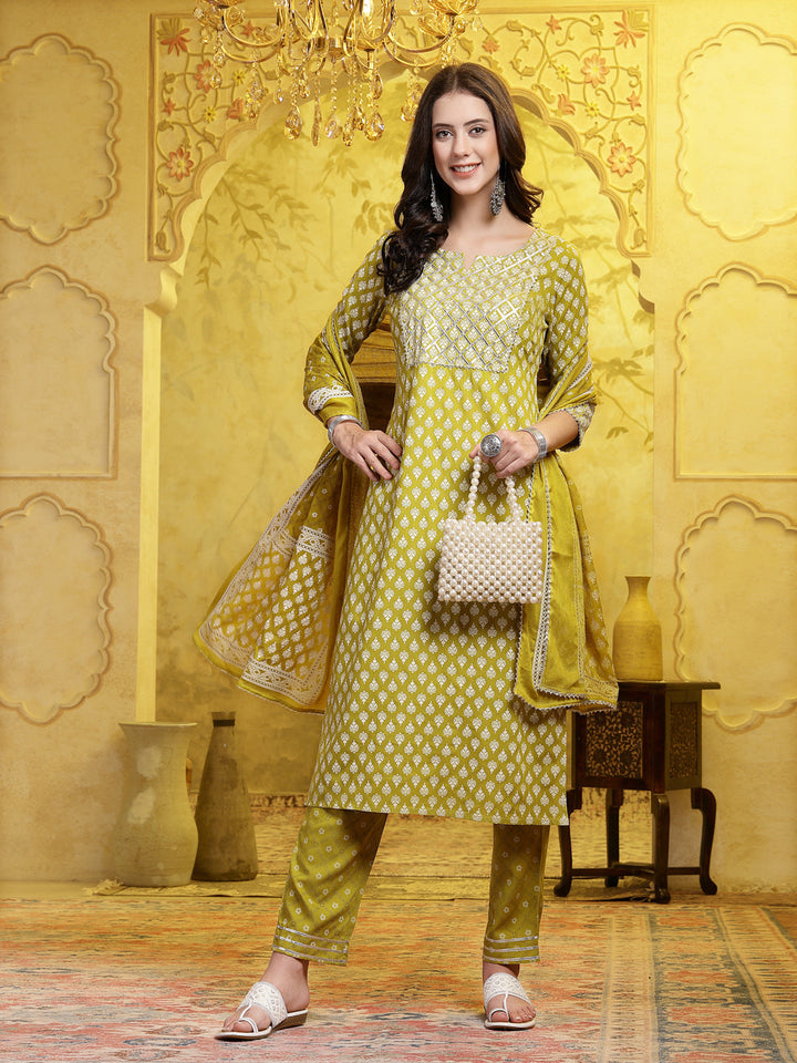 Printed &amp; Embellished Cotton Straight Kurta Pant Dupatta Set