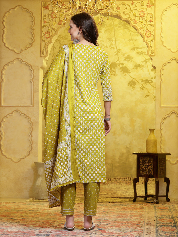 Printed &amp; Embellished Cotton Straight Kurta Pant Dupatta Set