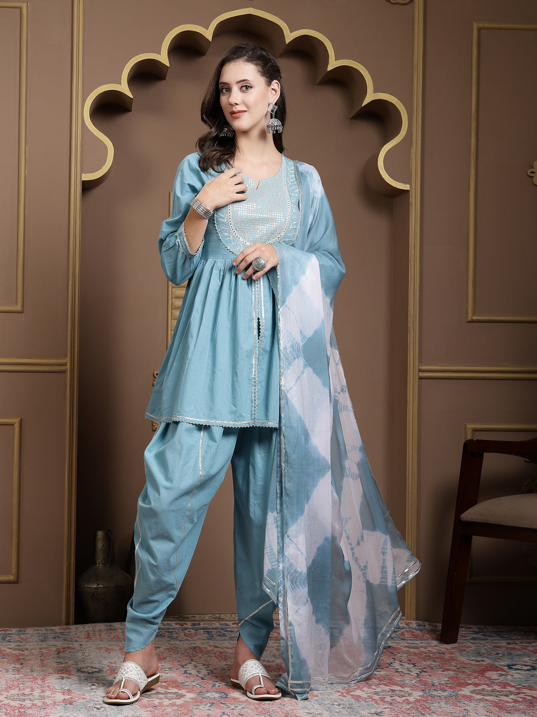 Solid &amp; Embroidered Cotton Pleated Kurti With Dhoti Pant &amp; Dupatta Set