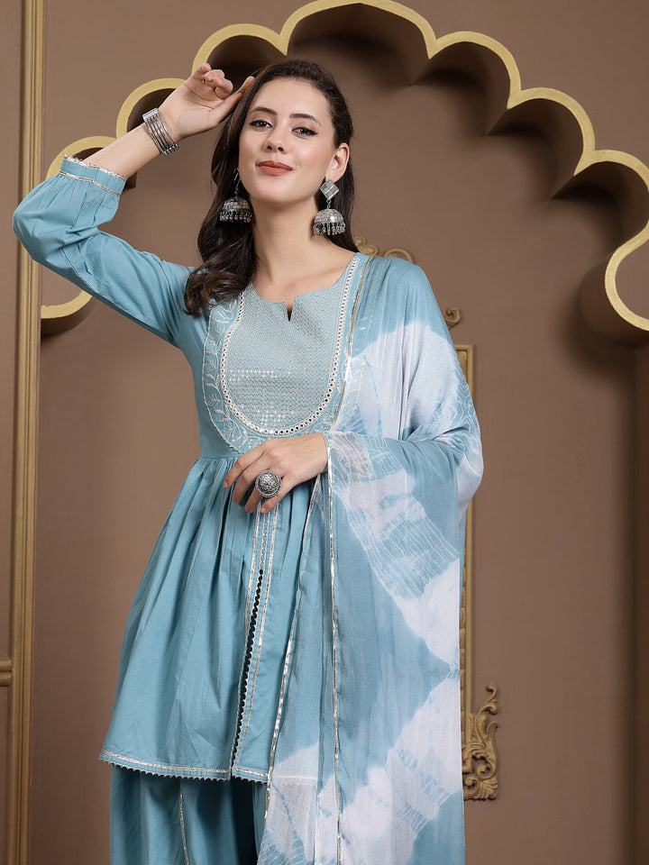 Solid &amp; Embroidered Cotton Pleated Kurti With Dhoti Pant &amp; Dupatta Set