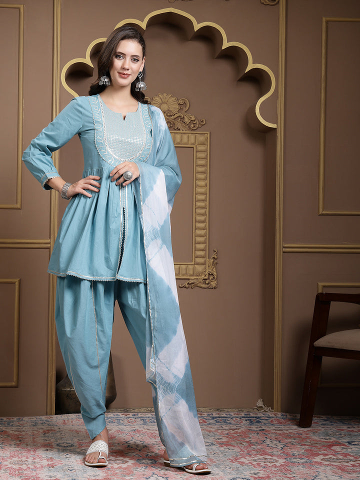 Solid &amp; Embroidered Cotton Pleated Kurti With Dhoti Pant &amp; Dupatta Set