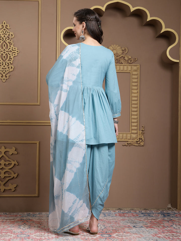 Solid &amp; Embroidered Cotton Pleated Kurti With Dhoti Pant &amp; Dupatta Set