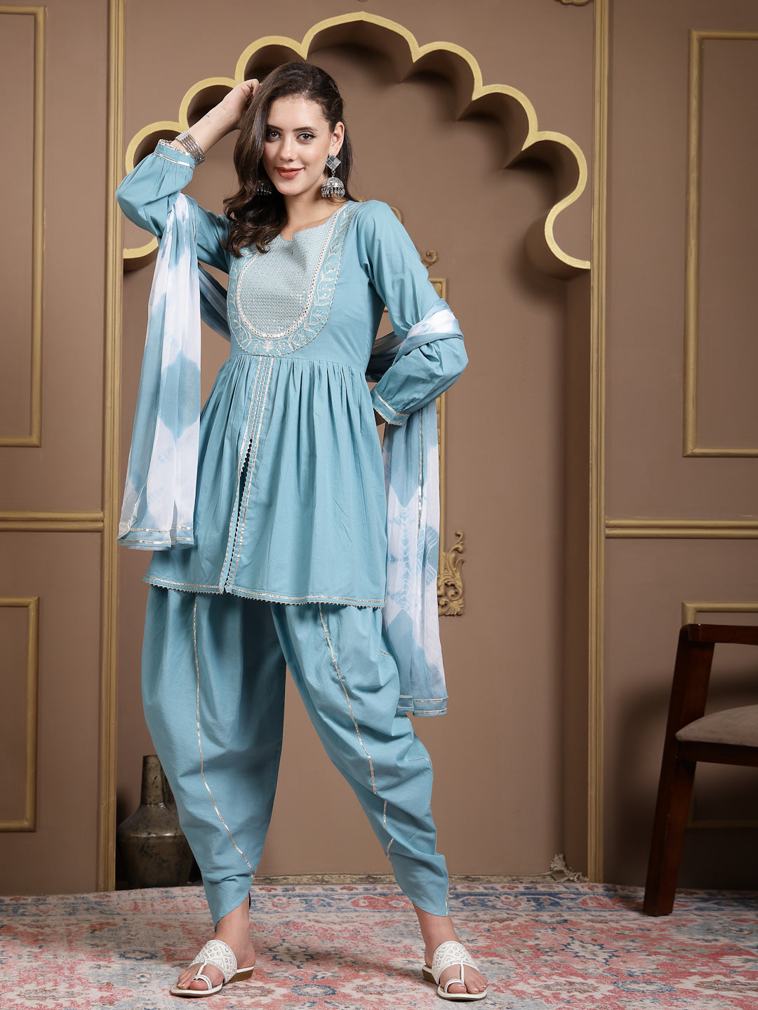 Solid &amp; Embroidered Cotton Pleated Kurti With Dhoti Pant &amp; Dupatta Set