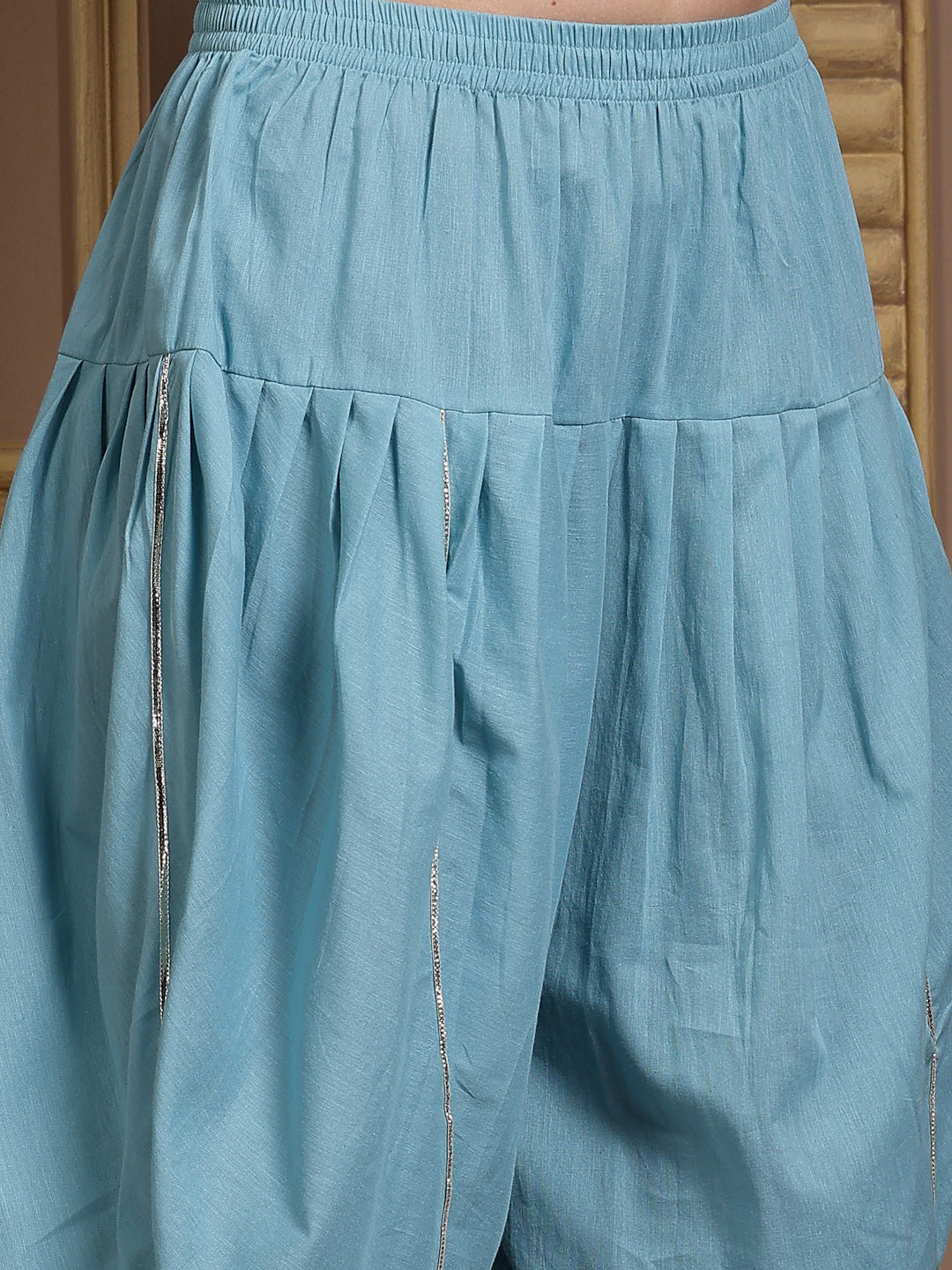 Solid &amp; Embroidered Cotton Pleated Kurti With Dhoti Pant &amp; Dupatta Set