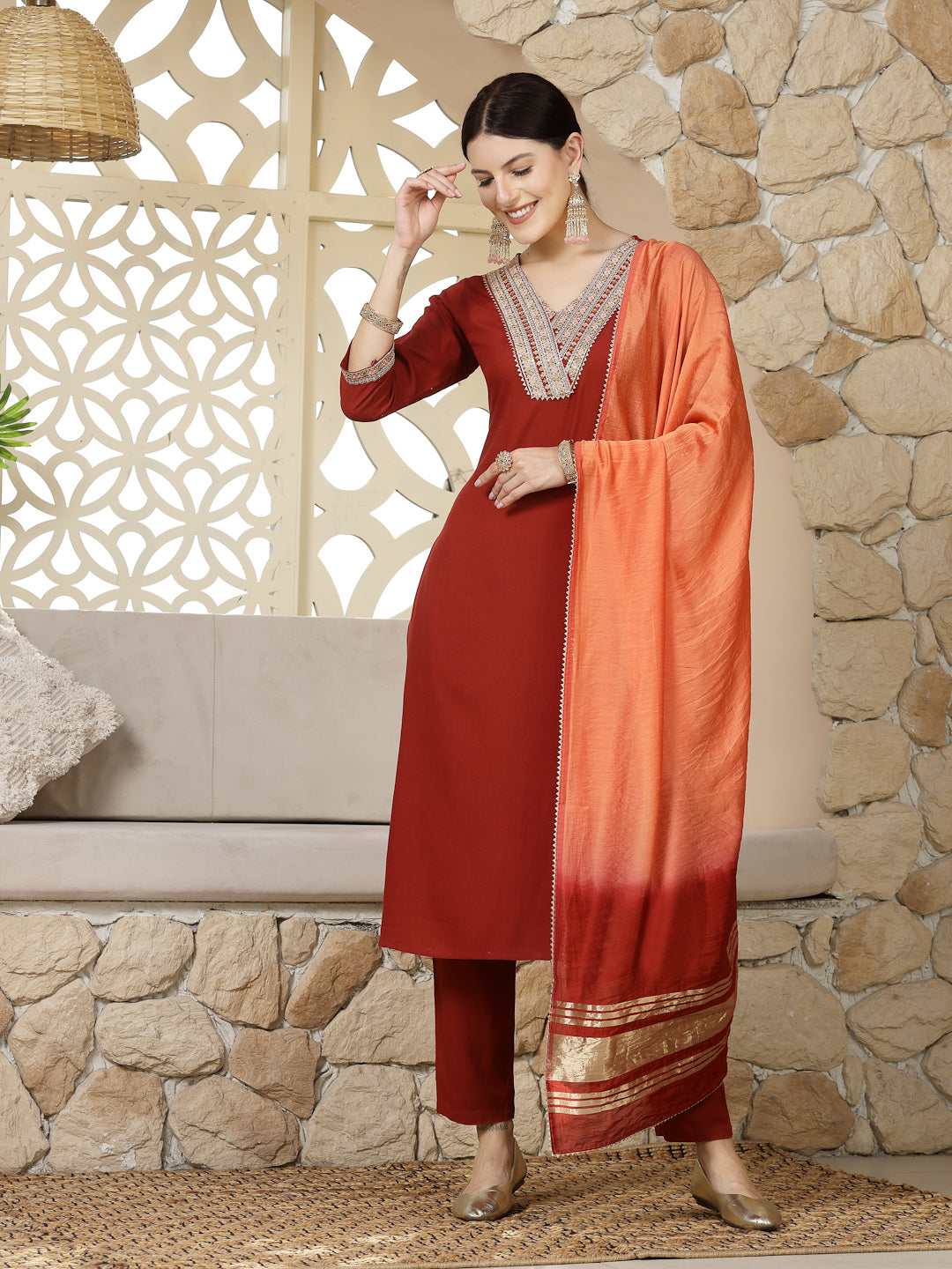 Solid & Embroidered Rayon Straight Kurta Pant & Dupatta Set