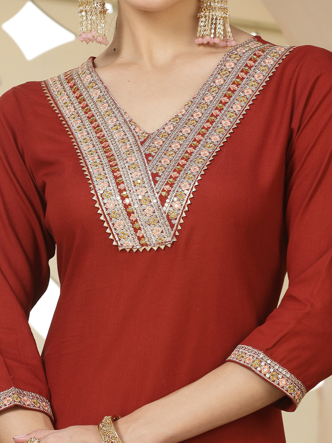 Solid & Embroidered Rayon Straight Kurta Pant & Dupatta Set, alternate view