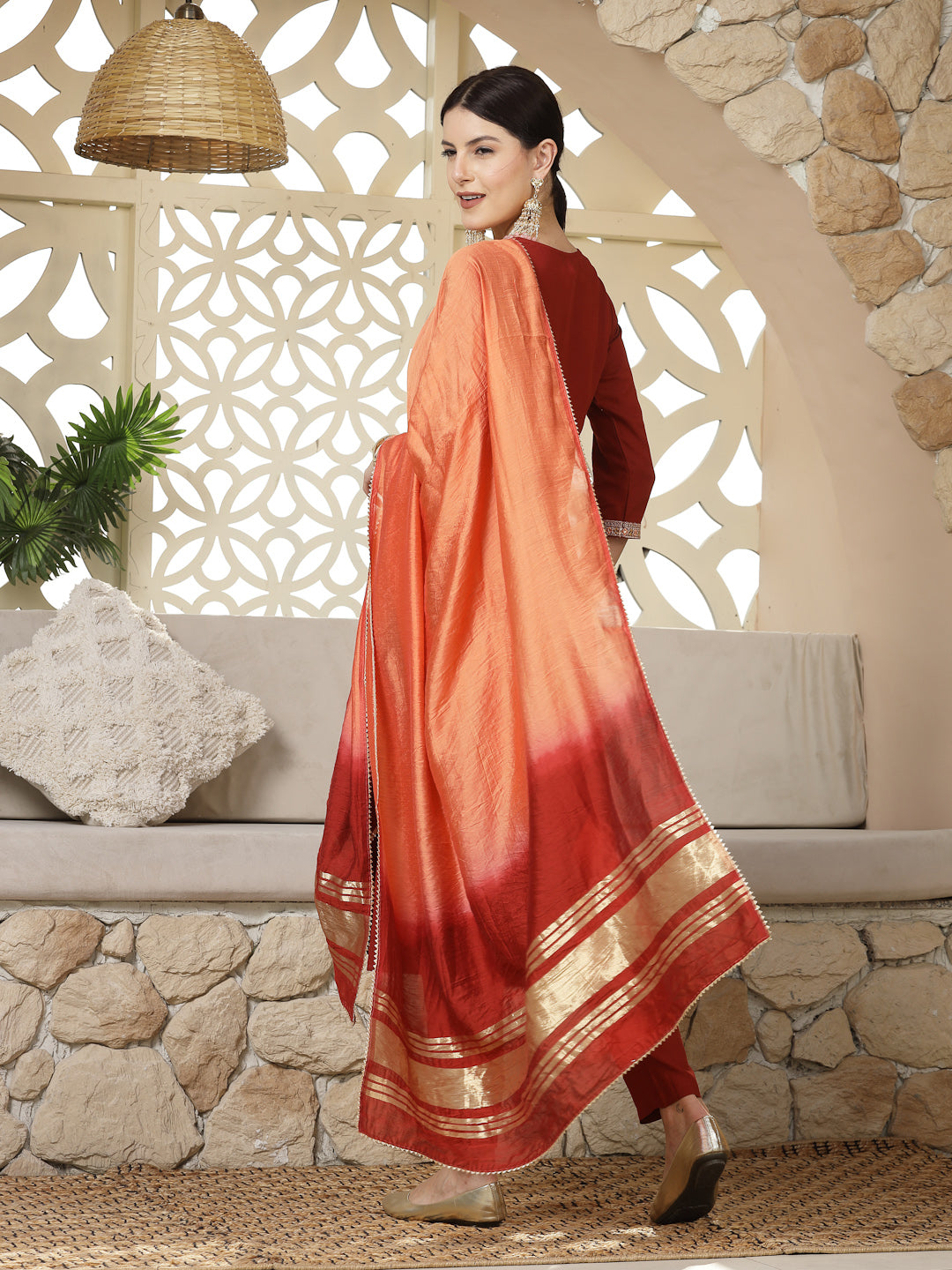Solid & Embroidered Rayon Straight Kurta Pant & Dupatta Set, view 4