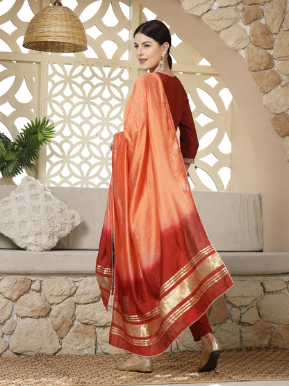 Solid & Embroidered Rayon Straight Kurta Pant & Dupatta Set