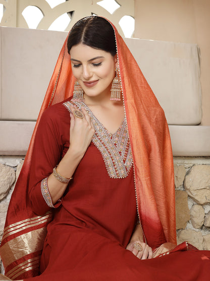 Solid & Embroidered Rayon Straight Kurta Pant & Dupatta Set