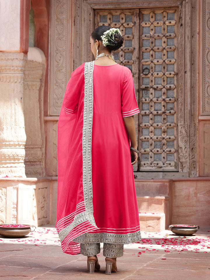 Solid Rayon Anarkali Kurta Pant &amp; Dupatta Set